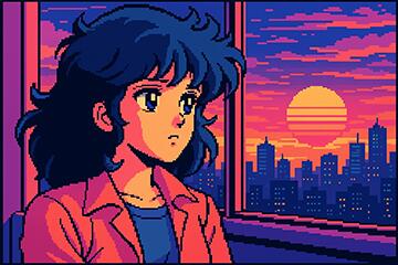Emulator sample image of an 80s-style pixel-art girl by a window